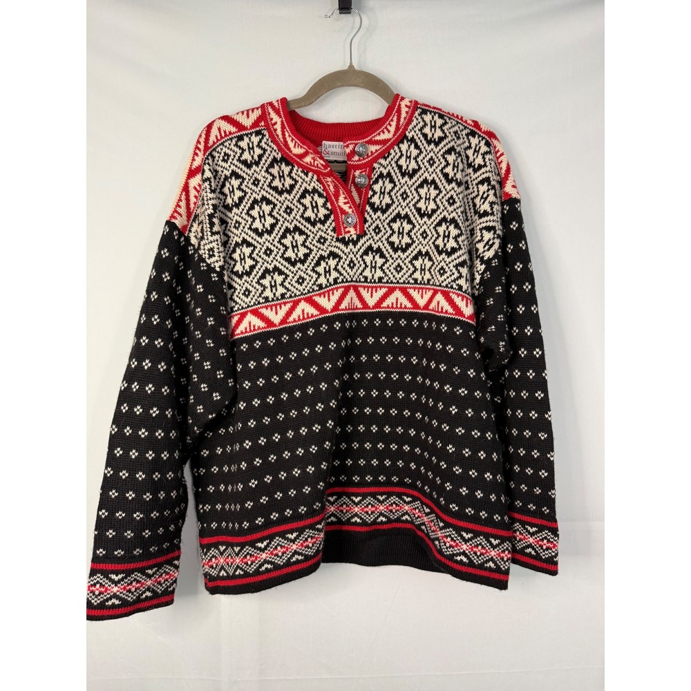 Hastings & Smith Fair Isle Henley‎ Sweater Large Black Red Wool Blend Vintage